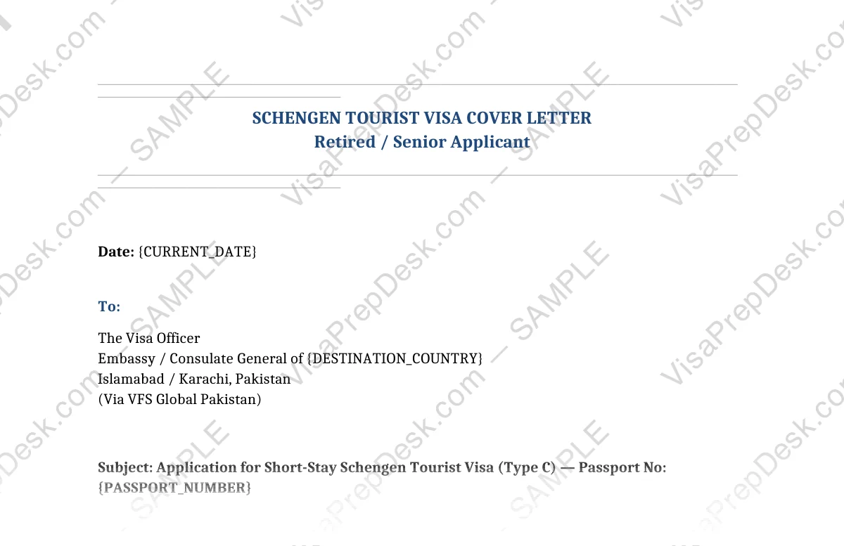 First page preview of the Schengen Tourist Cover Letter — Retired template for Pakistani applicants — watermarked sample