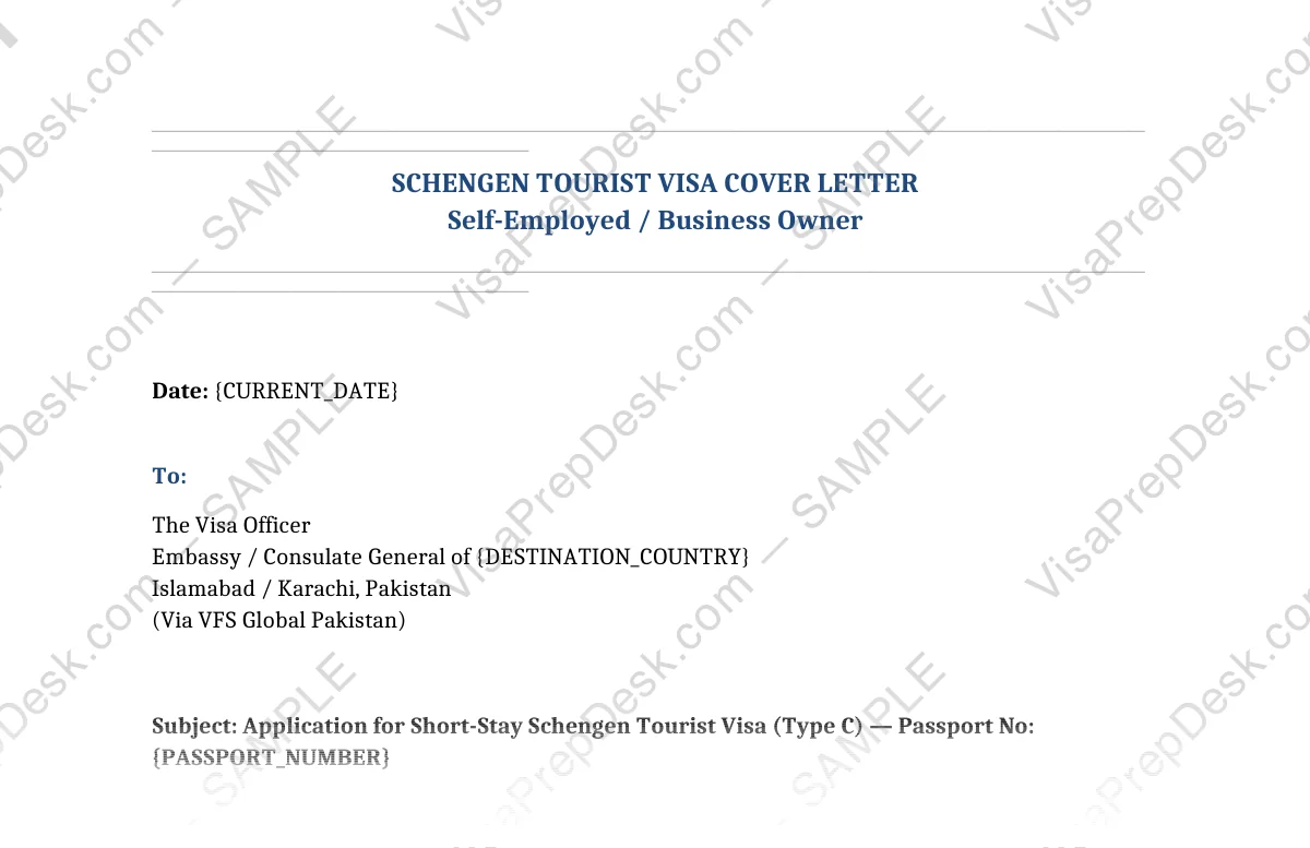 First page preview of the Schengen Tourist Cover Letter — Self-Employed template for Pakistani applicants — watermarked sample