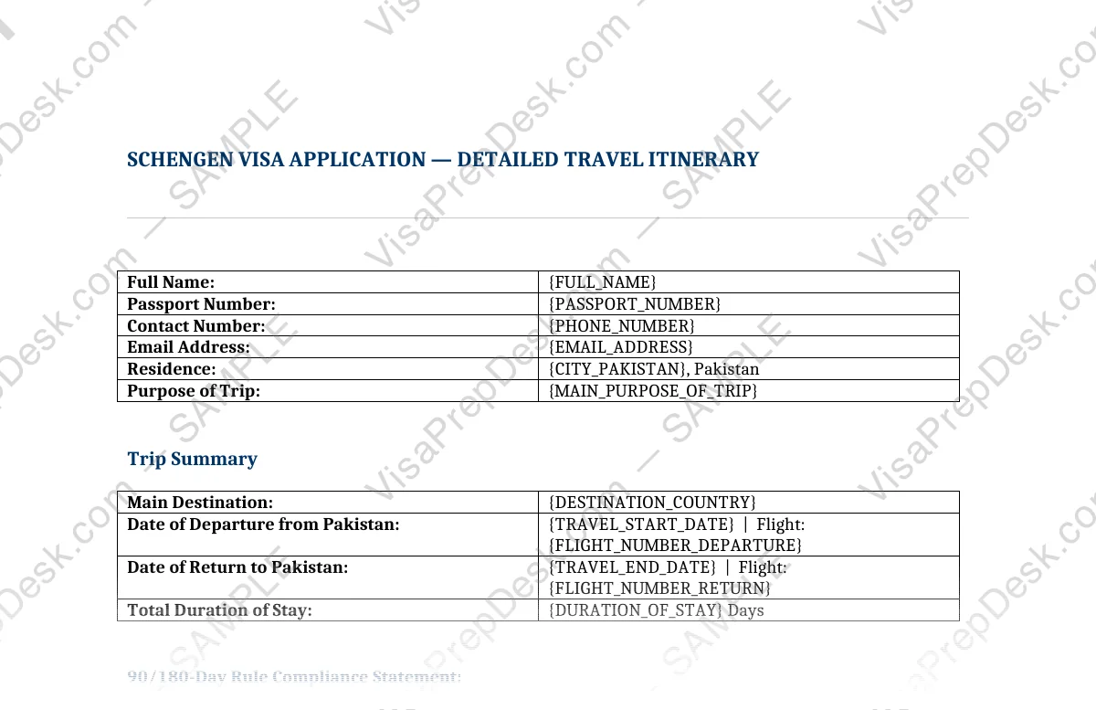 First page preview of the Schengen Travel Itinerary Template template for Pakistani applicants — watermarked sample