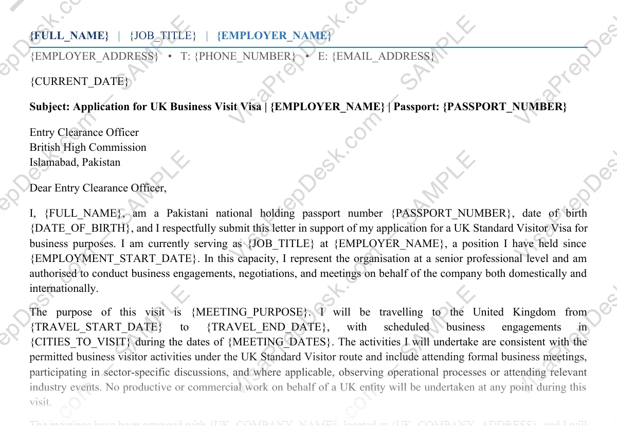 First page preview of the UK Business Visit Cover Letter template for Pakistani applicants — watermarked sample