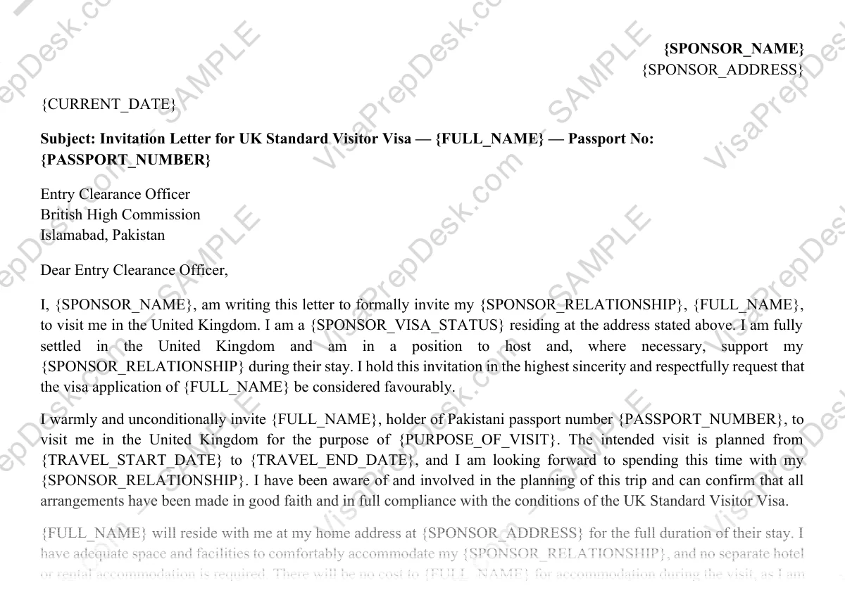 First page preview of the UK Invitation Letter (Host) template for Pakistani applicants — watermarked sample