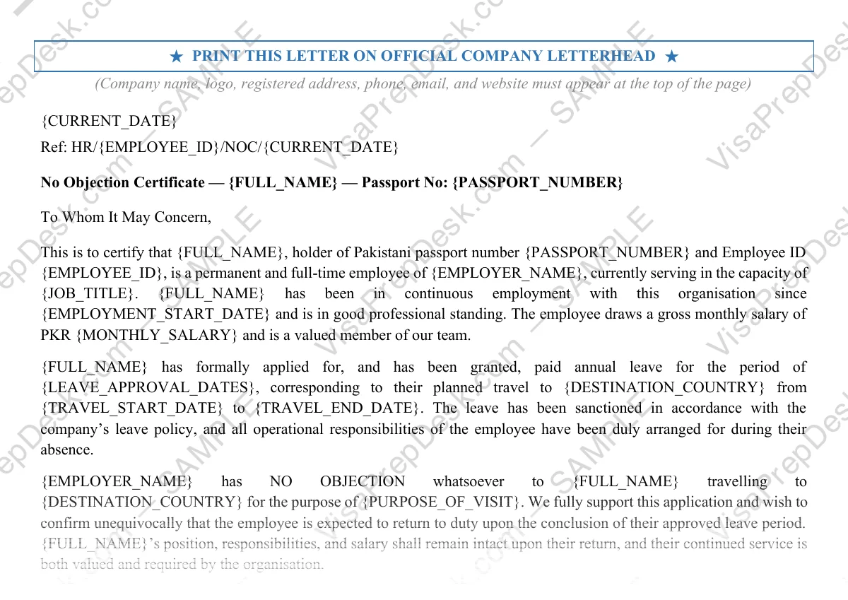 First page preview of the UK NOC Letter (from Employer) template for Pakistani applicants — watermarked sample