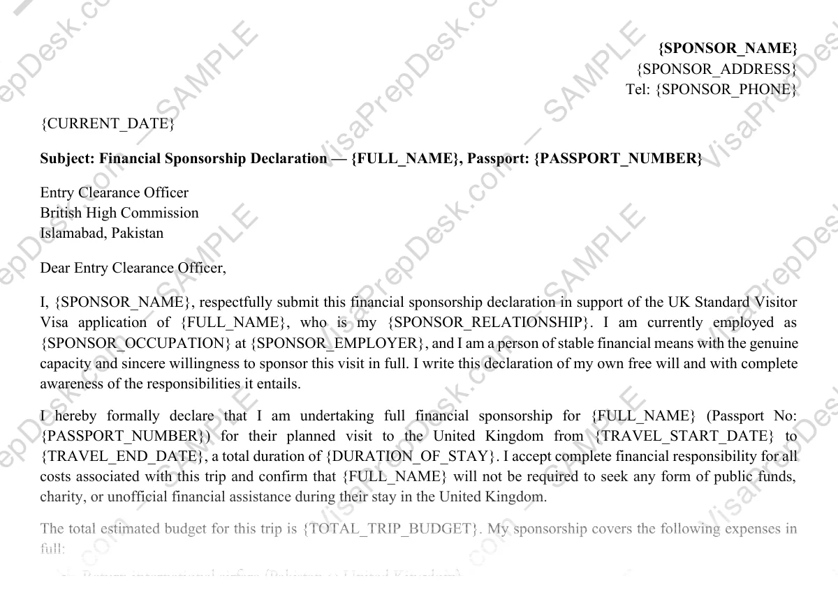 First page preview of the UK Sponsorship / Financial Letter template for Pakistani applicants — watermarked sample