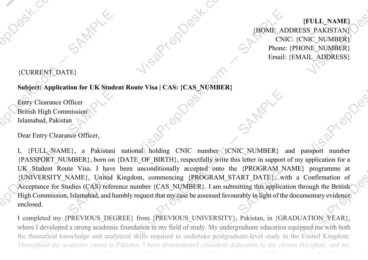 First page preview of the UK Student Visa Cover Letter template for Pakistani applicants — watermarked sample