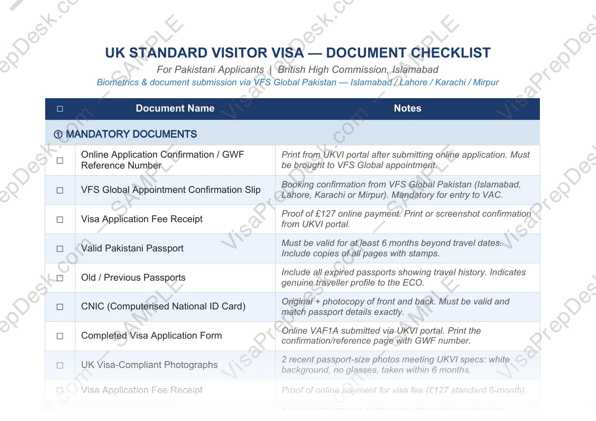 First page preview of the UK Visa Document Checklist template for Pakistani applicants — watermarked sample