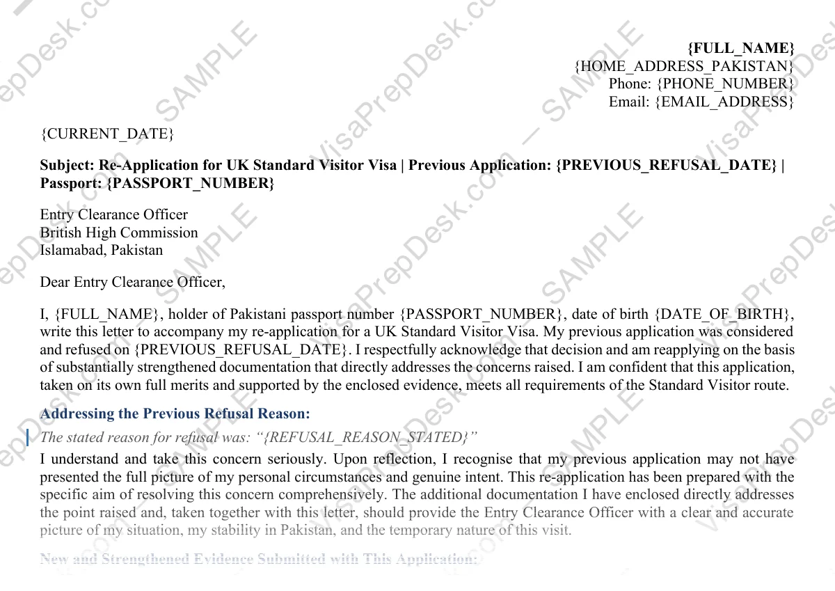 First page preview of the UK Visa Refusal Re-Application Letter template for Pakistani applicants — watermarked sample