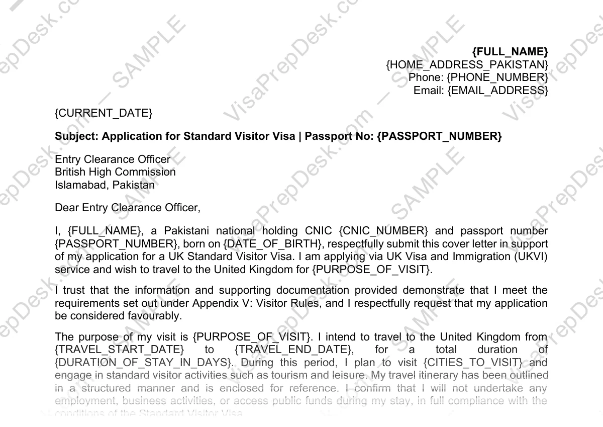 First page preview of the UK Visit Visa Cover Letter template for Pakistani applicants — watermarked sample